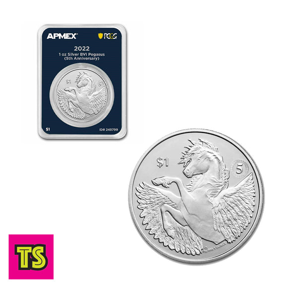 2022 1 oz Silver British Virgin Islands Pegasus – 5th Anniversary, APMEX (MintDirect® Premier + PCGS First Strike Eligible) | ToySack, buy gold and silver bullion coins for sale online at ToySack
