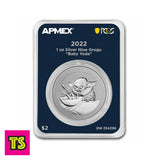 PCGS Packaging Detail, 2022 1 oz Silver Niue Star Wars Grogu “Baby Yoda”, APMEX (MintDirect® Premier + PCGS First Strike Eligible) | ToySack, buy licensed gold and silver bullion coins for sale online at ToySack