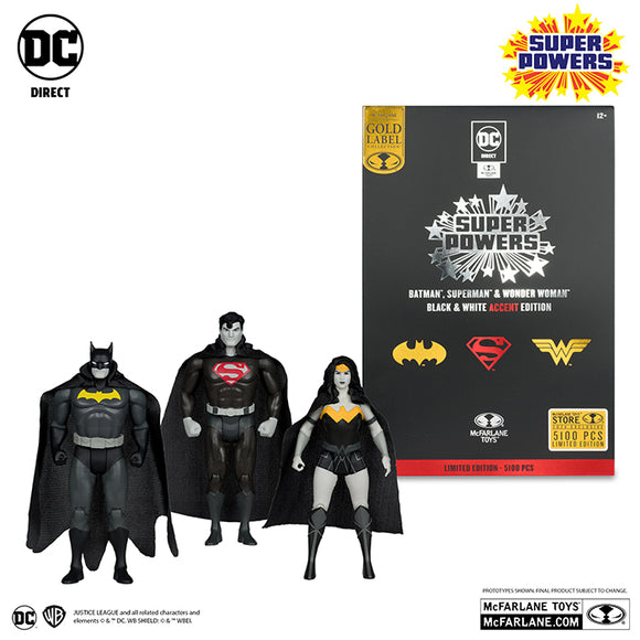 Black & White Accent Gold Label Set : Batman, Superman, Wonder Woman, Super Powers DC Multiverse by McFarlane Toys 2024 | ToySack, buy DC toys for sale online at ToySack Philippines