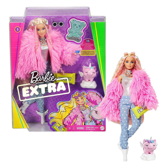 ToySack | Barbie Extra Doll in Pink Fluffy Coat with Unicorn Piglet, by Mattel, buy Barbie dolls and toys for sale online at ToySack Philippines