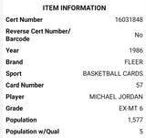PSA Verification, Michael Jordan, 1986 Fleer NBA #57 Graded PSA EX-MT 6, buy NBA cards for sale online at ToySack Philippines